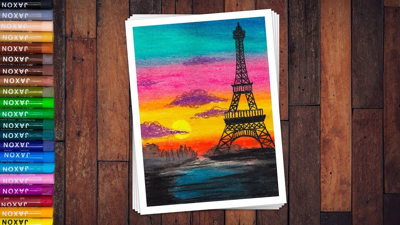 How To Draw Eiffel Tower Of Sunset With Oil Pastel Color Very Easily
