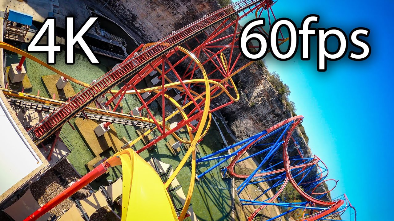 Wonder Woman Golden Lasso Coaster back seat on-ride backwards 4K POV @60fps Six Flags Fiesta Texas