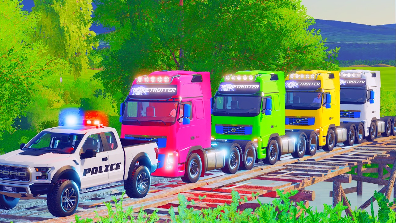 🚓 Police Escort Truck Convoy Crossing Dangerous Wooden Bridge | FS22 Mountain Roads