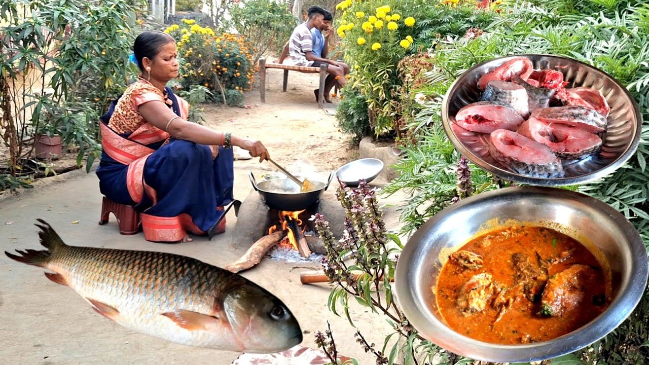 Tribal family cooking Delicious ROHU FISH Masala curry in a village l fish masala l Village life