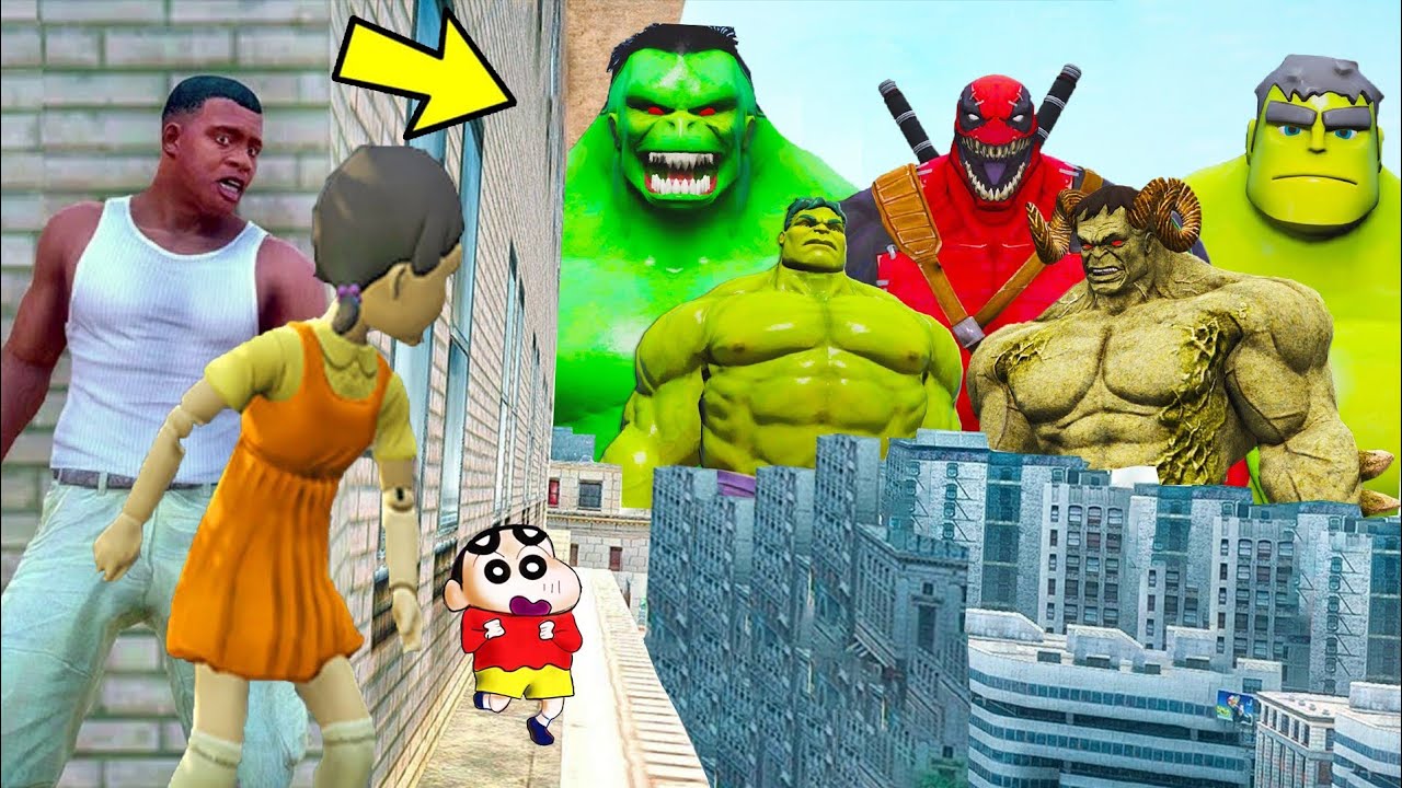 Franklin and Shinchan & Pinchan play HIDE AND KILL with Squid Game Doll In GTA 5
