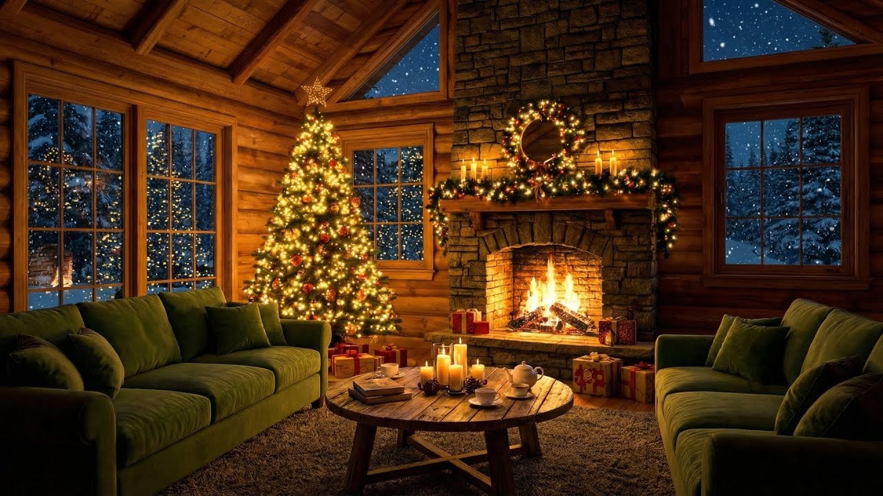 Cozy Cabin with Relaxing Piano Music | Warm Fireplace Ambience & Christmas Snow Night