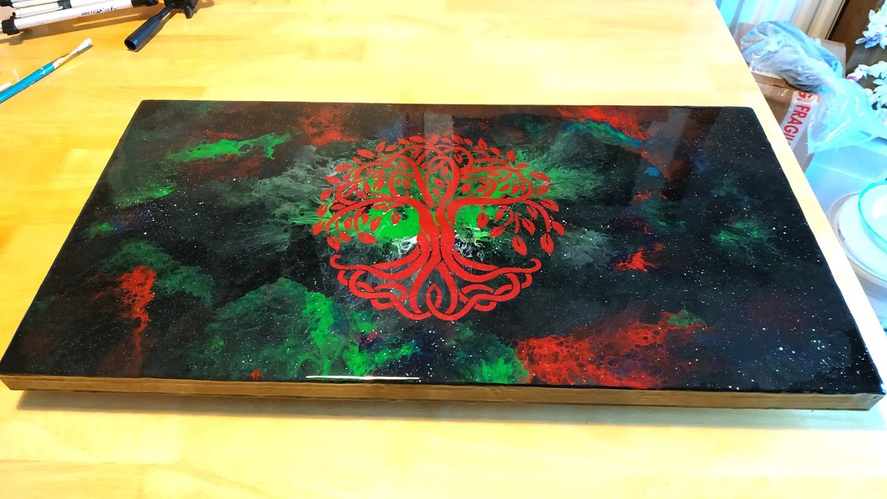 Acrylic Pouring, Galaxy Pour, Tree Of Life, Stencil