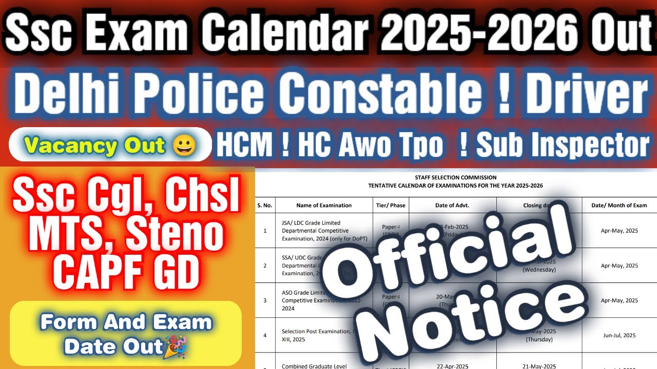 Delhi Police New Vacancy 2025 ! Constable ! Driver ! HCM ! Awo Tpo ! Ssc Exam Calendar 2025-2026 Out