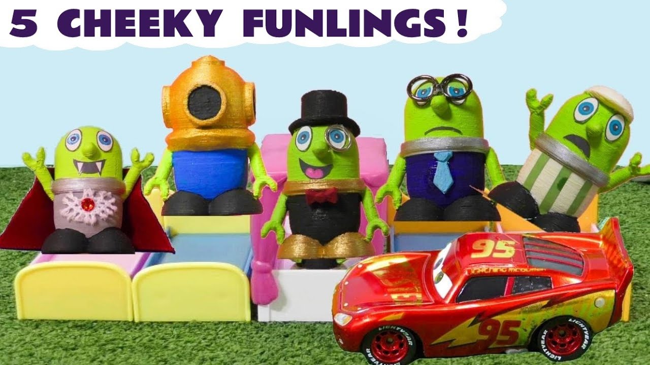 5 Little Monkeys Jumping On The Bed Nursery Rhyme with Funny Funlings Toys