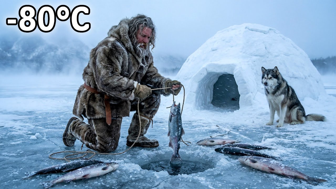 Extreme Cold Survival: Ice Fishing Next to an Igloo at -80°C