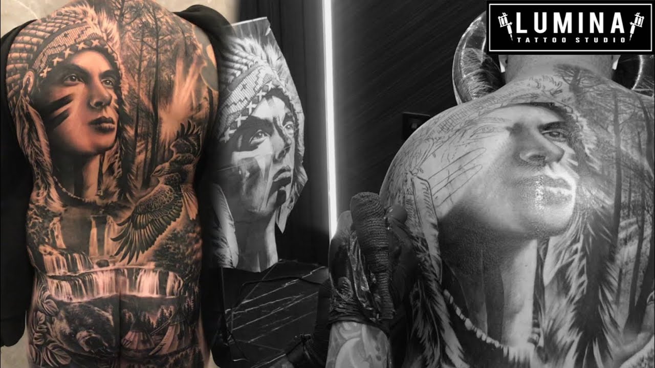 LIFE GIRL ON JUNGLE NATIVE AMERICAN STYLE TATTOO - FULL BACK UNTIL BUM TATTOO