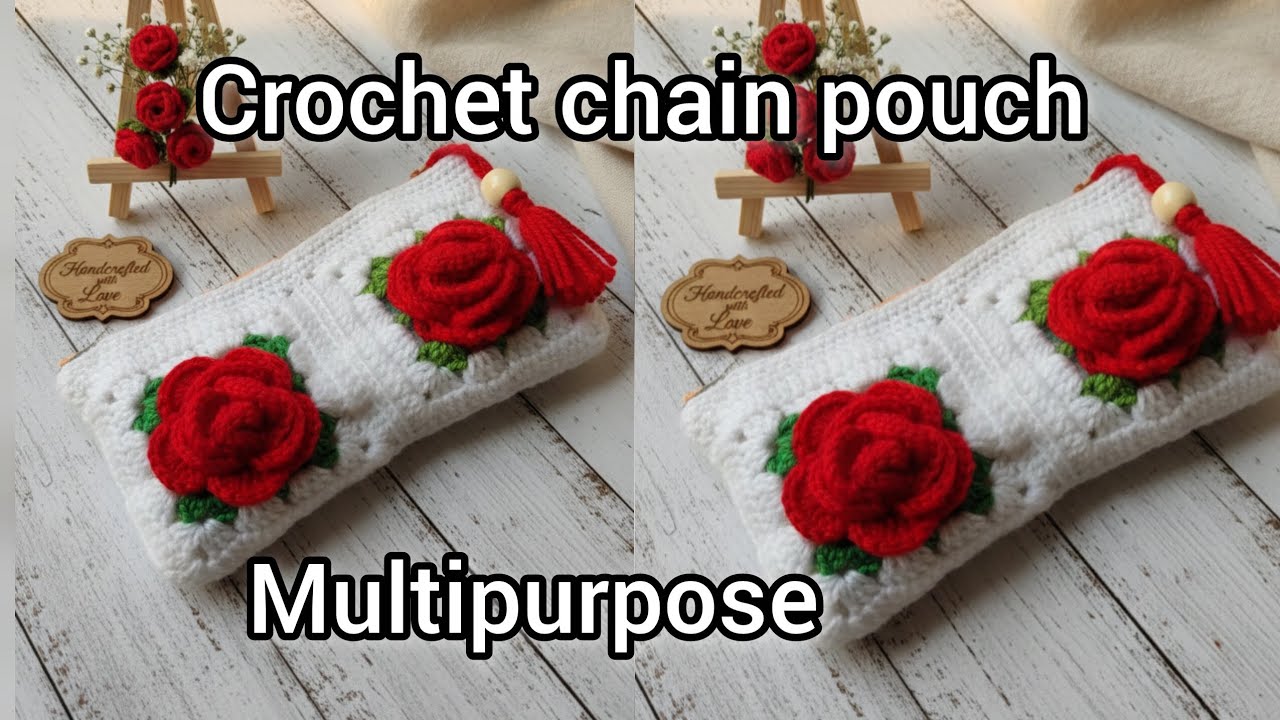 Easy to make crochet 3d rose pouch, crochet pouch tutorial for beginners, waste wool crochet idea 