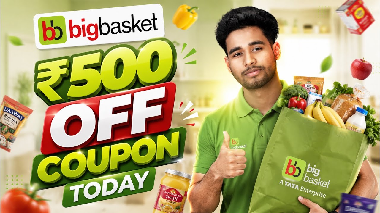 🛒 BigBasket Coupon Code Today 2026 🔥 Flat ₹500 OFF + Free Delivery 😱 Latest BigBasket Offers 
