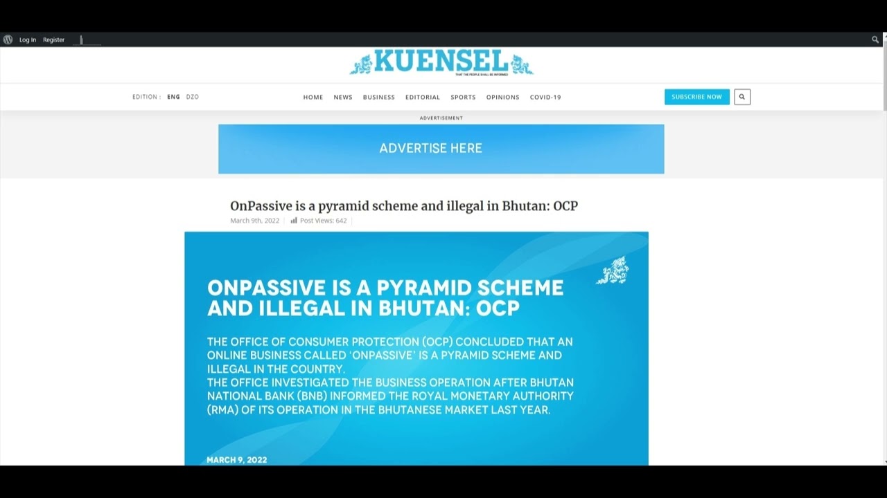 Onpassive Scam 9th March 2022 - Onpassive is a Pyramid Scheme and is illegal in Bhutan