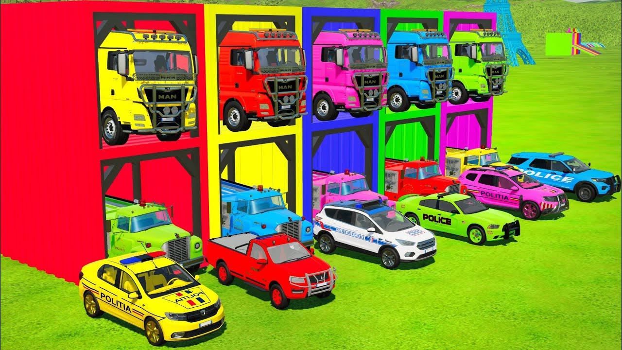 TRANSPORTING POLICE CARS, AMBULANCE, FIRE TRUCK, COLORFUL CARS WITH TRAIN -FARMING SIMULATOR 22!