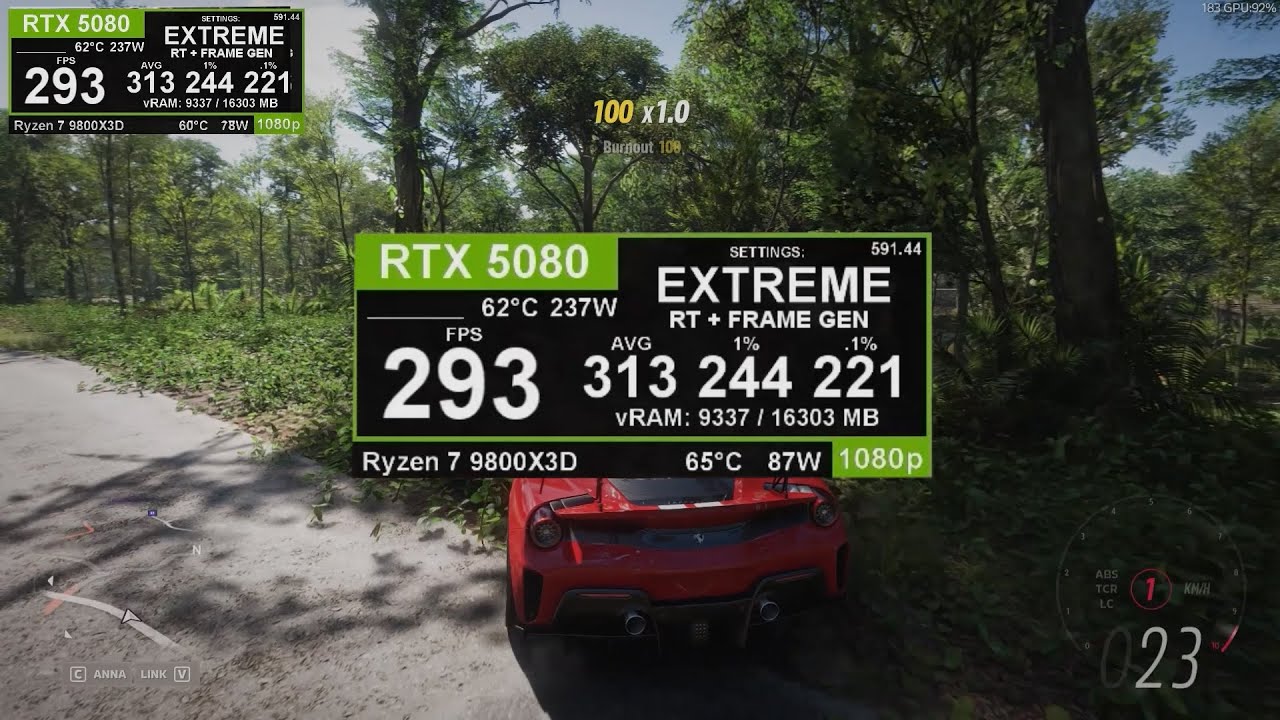 Forza Horizon 5: RTX 5080 + Ryzen 7 9800X3D EXTREME + Ray Tracing DLSS vs Frame Gen