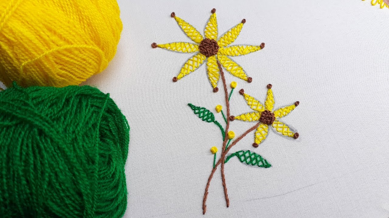 Simple Flower Embroidery, Herringbone Stitch / Machli Tanka, Stem Stitch / Dandi Tanka, Knot Stitch