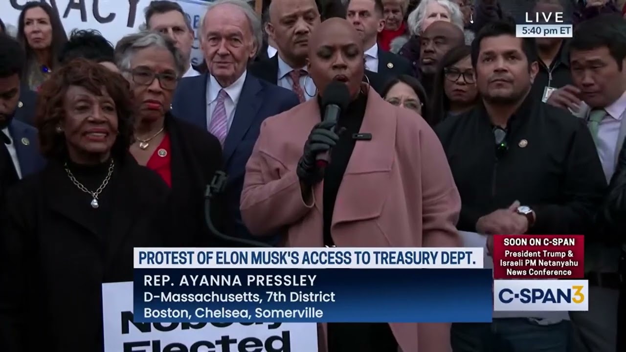 Ayanna Pressley Rallies Outside Treasury to Protest Elon Musk’s Unlawful Assault on Our Democracy