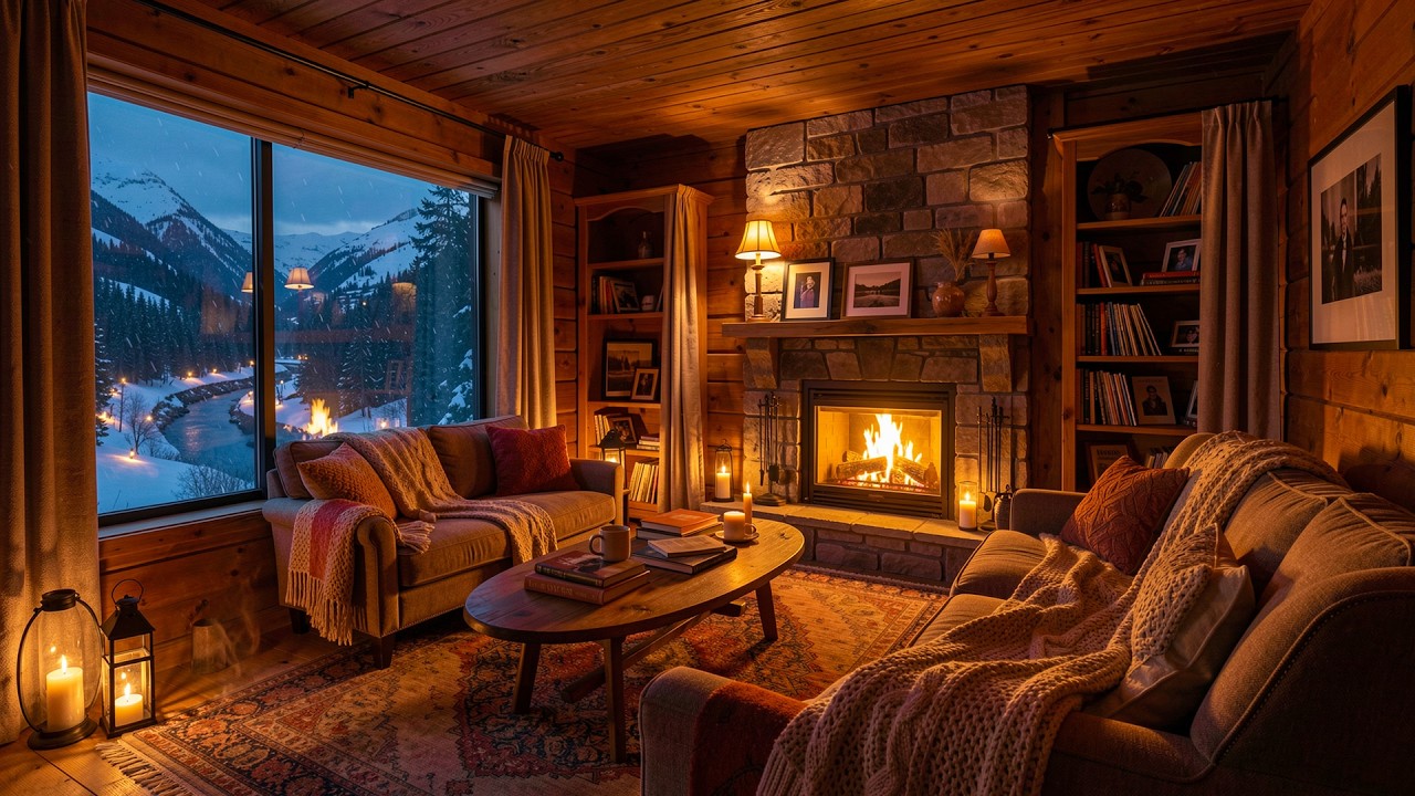 Smooth Jazz in Cozy Reading Nook Ambience 🔥 Crackling Fireplace & Rain Sounds for Sleeping, Studying