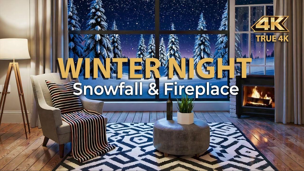 4K Winter Night Window ❄️ Snowfall & Fireplace Ambience | Cozy Living Painting