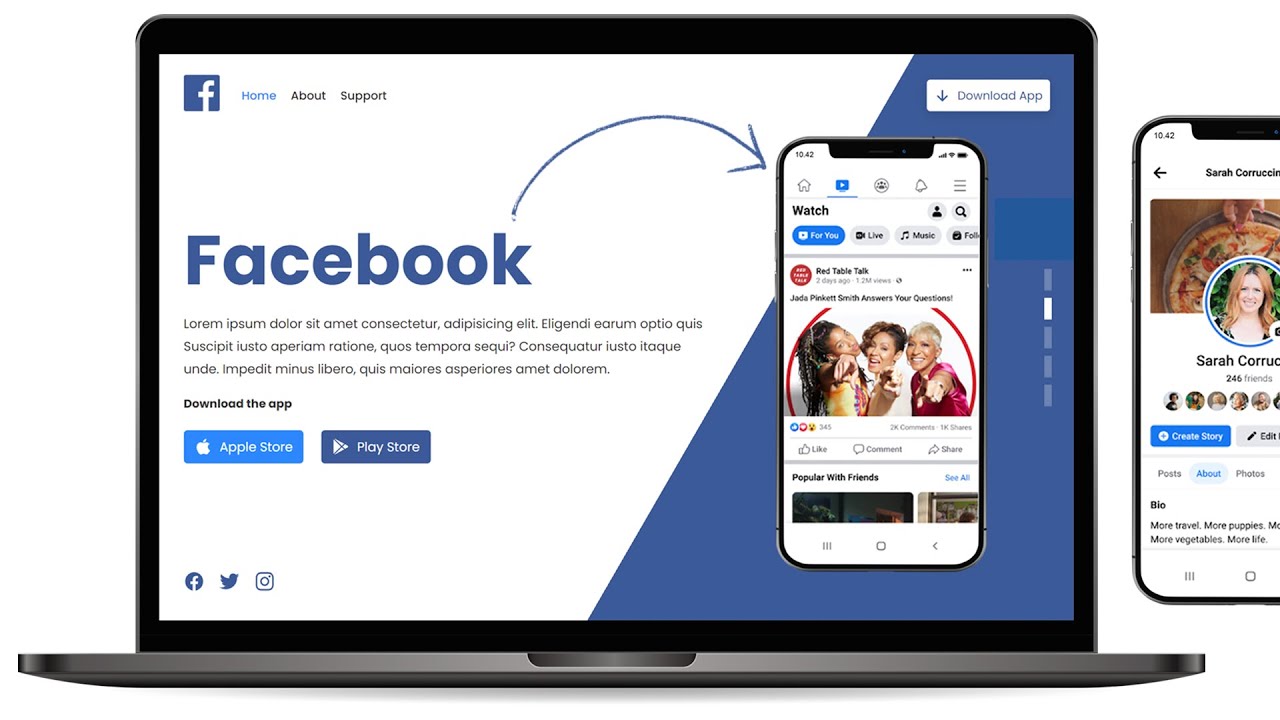 Responsive Facebook App Landing Page Website Design using Html CSS & Javascript