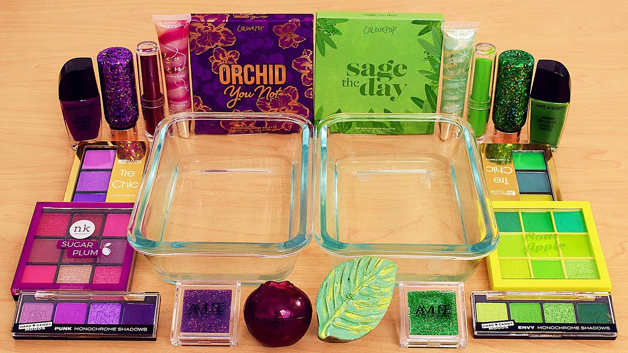 Purple Plum vs Sage Green - Mixing Makeup Eyeshadow Into Slime ASMR