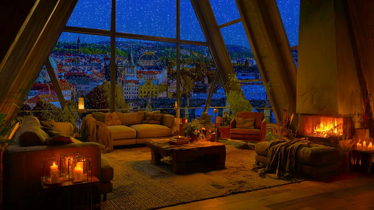 Heavy Rain & Cozy Fireplace  - Warm Living Room Ambiance with Smooth Jazz Music for Relax (No Ads)