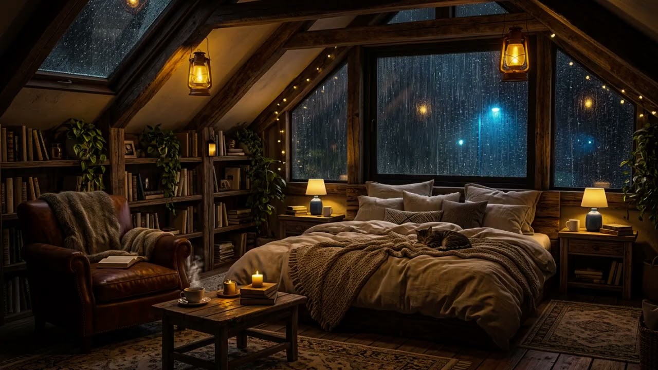 A Cozy Thunderstorm Night in a Wooden Forest Lodge | Rain & Distant Thunder