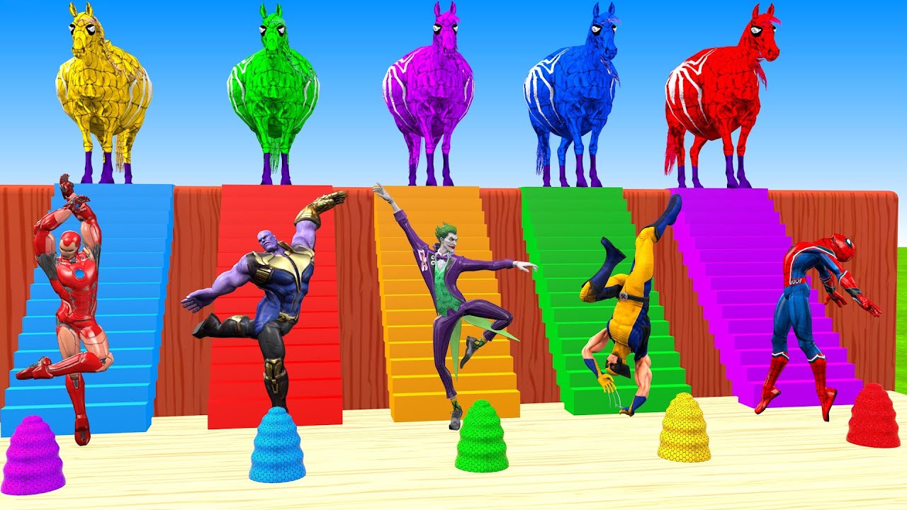 RED HORSE SPIDERMAN CROSSING FOUNTAIN ON JOKER THANOS  SPIDER MAN WEREWOLF RESCUE ANIMALS GAME