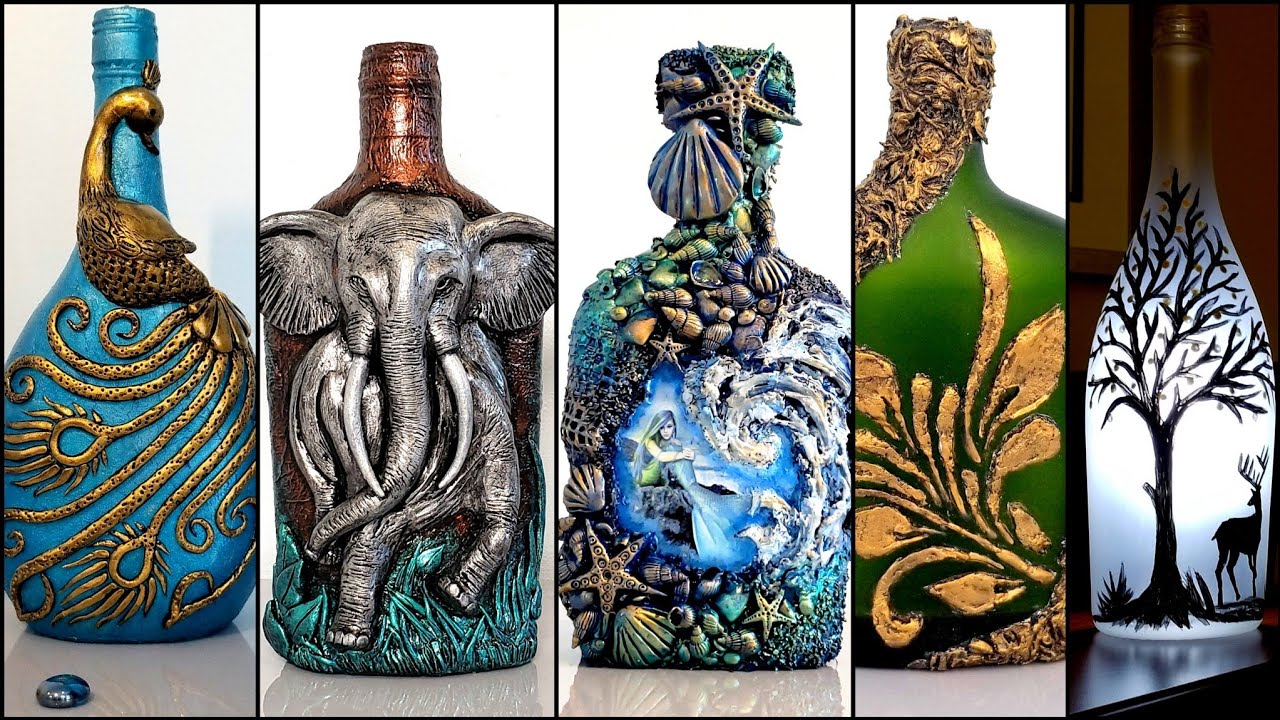 5 Bottle art ideas/Bottle decoration/Wine bottle craft/art and craft