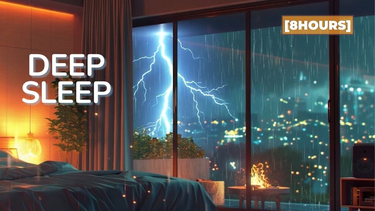 Thunderstorm & Rain Sounds for Sleep 🌧 Cozy Cabin Bedroom with Fireplace | Rain on Window (8 Hours)