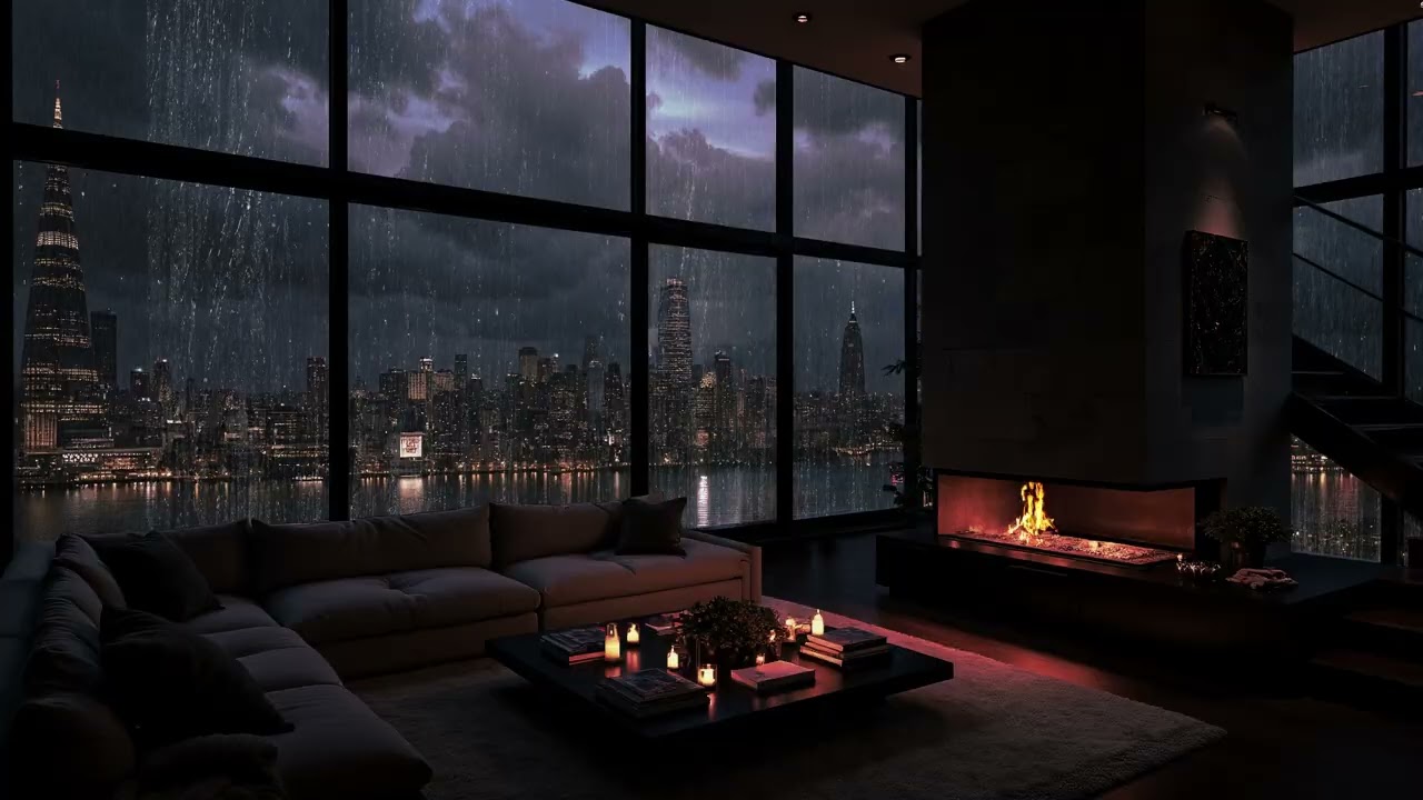Luxury Bedroom At New York With Rainy Night 🌙 Cozy Rain & Fireplace Crackling For Sleeping, Relax