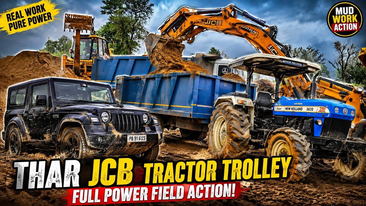 Jcb 3dx loading Mud in TATA Tippers TractorsSwaraj 855Fe New Holland 3630 4x4 TractornewThar Truck