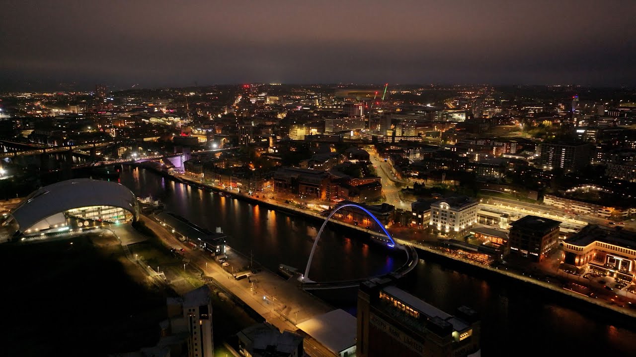 Newcastle & Gateshead Evening/Night Stock Drone Aerial Footage WIDE ANGLE & ZOOM