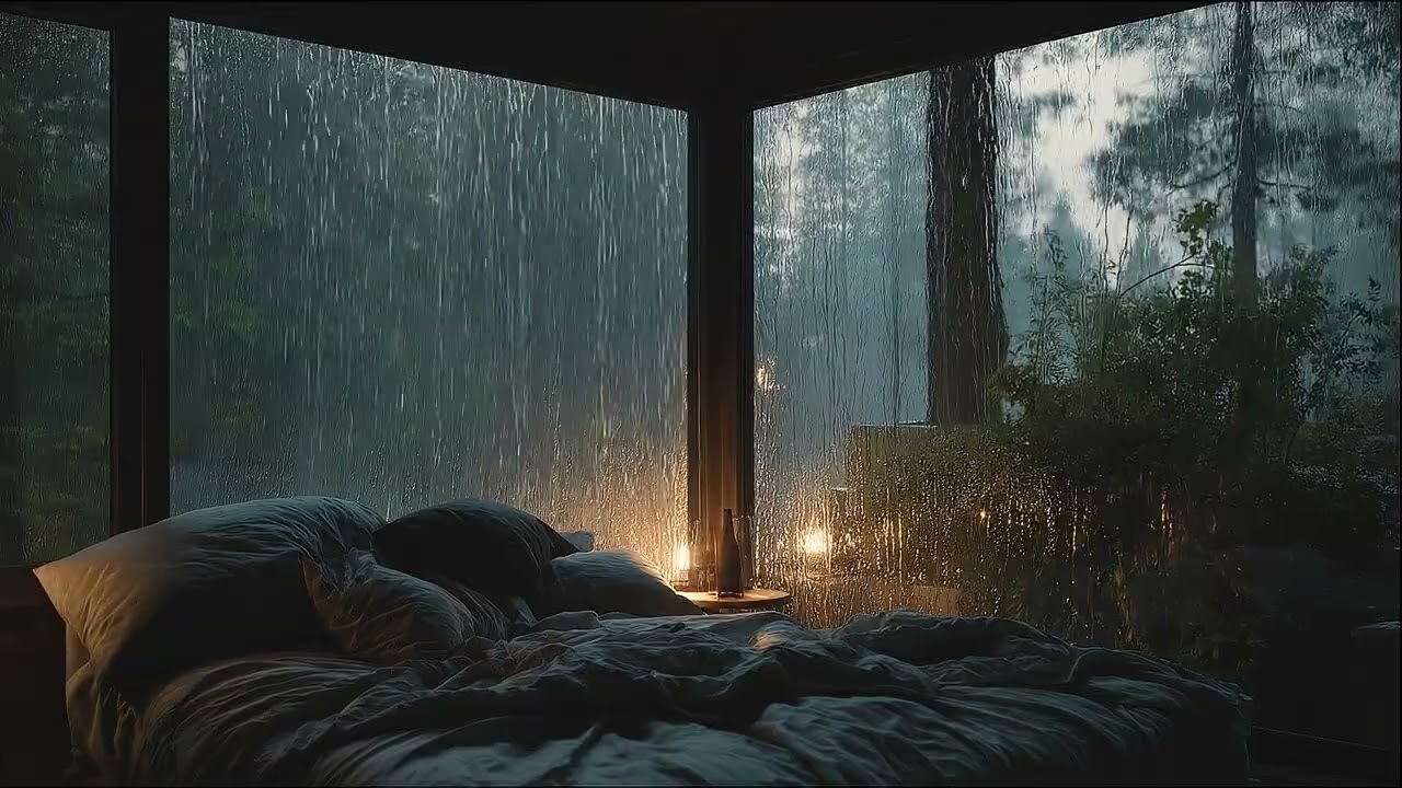Rain, Wind, and Thunder Surrounding a Forest Glass House | Dark Night Ambience for Easy Sleep 🌲🌧️⚡
