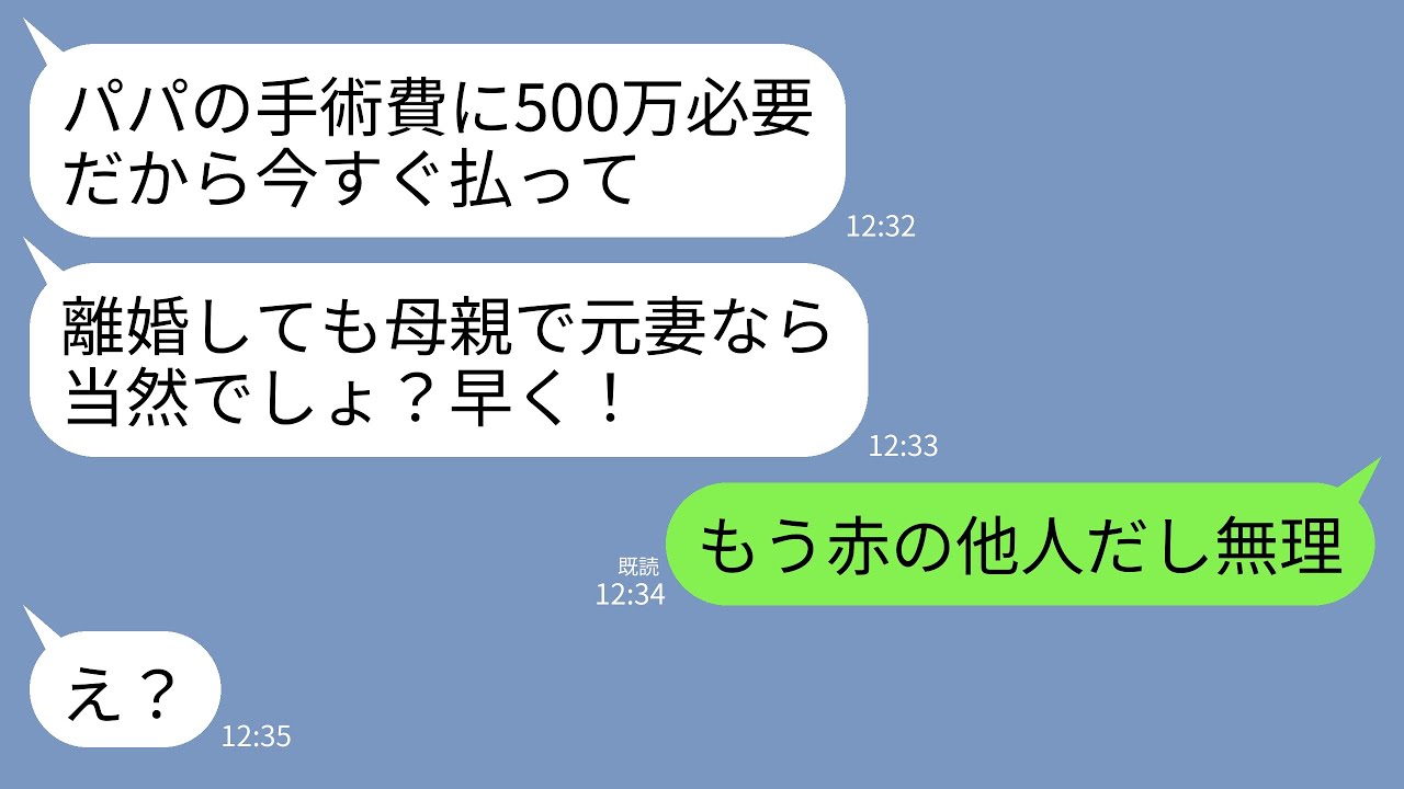 【LINE】母親の私を一方的に嫌い離婚後に元夫側に付いた娘「パパが倒れたから手術費500万、明日中に払って？」→もう家族じゃないから全く関係ないと伝えた結果www