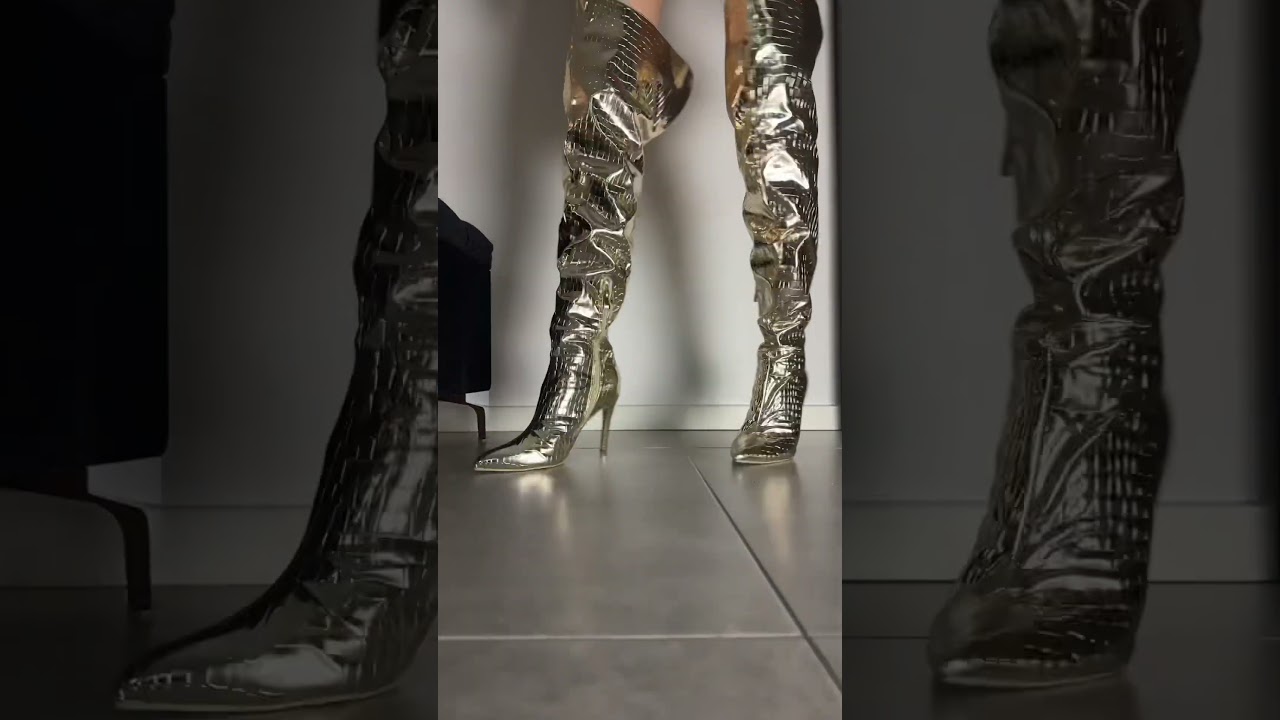 Gold Croc Print High Heel Boots Try On – Metallic Stiletto Style 