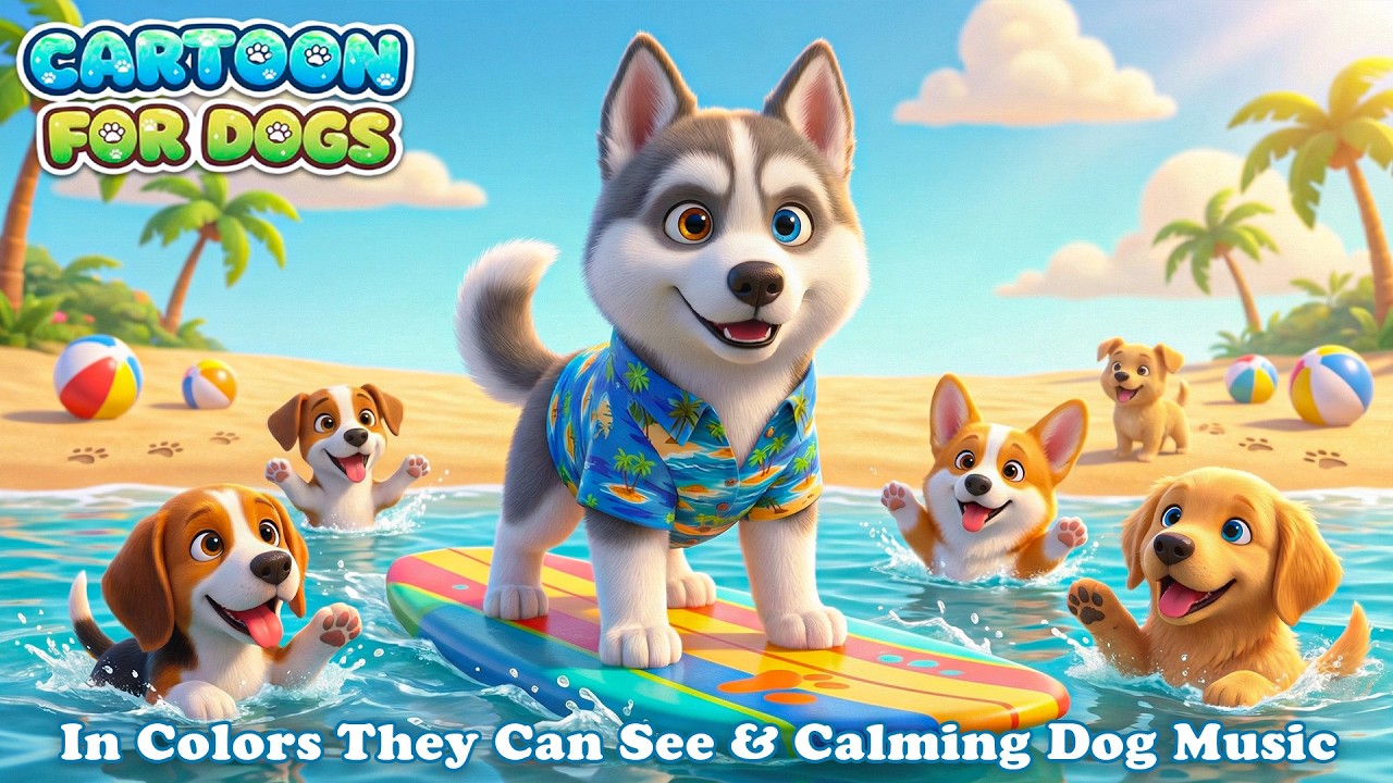 Husky and the Ocean Surprise ⛱️🐶 Cartoon for Dogs to Watch All Day, In Colors they can see!