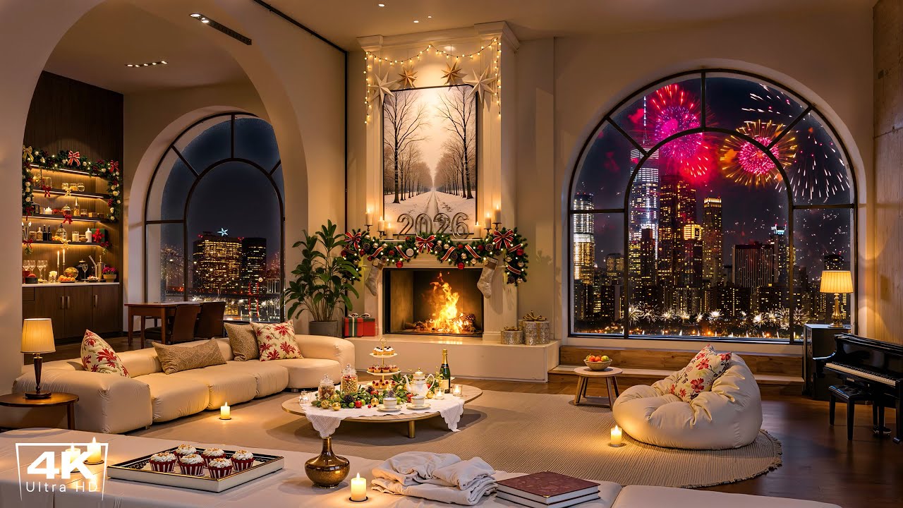 New Year’s Eve Ambience in Cozy Apartment with Relaxing Piano Jazz Music & Fireworks for Night Chill