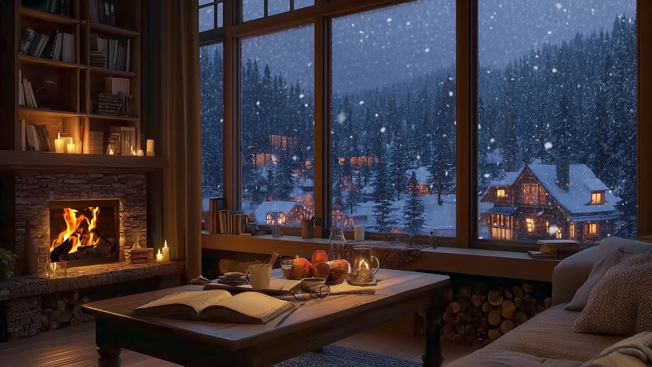 Warm Fireplace & Soft Piano | Relaxing Holiday Ambience with Snowfall