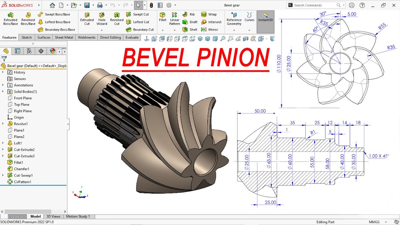 Design of bevel pinion in solidworks | tutorial Step by step