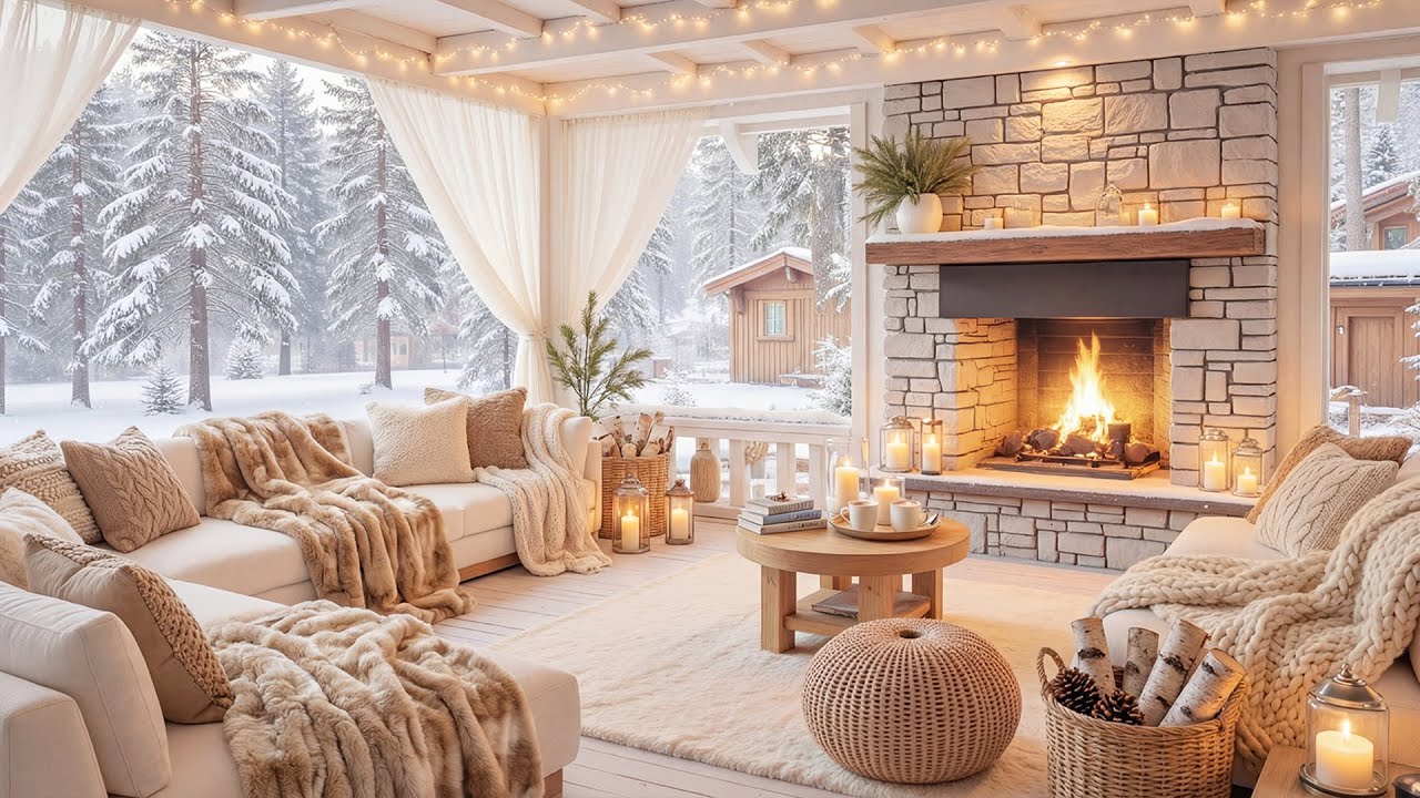 Cozy Winter Porch Ambience with Soothing Piano Music ❄️Crackling Fireplace & Snowfall for Great Mood