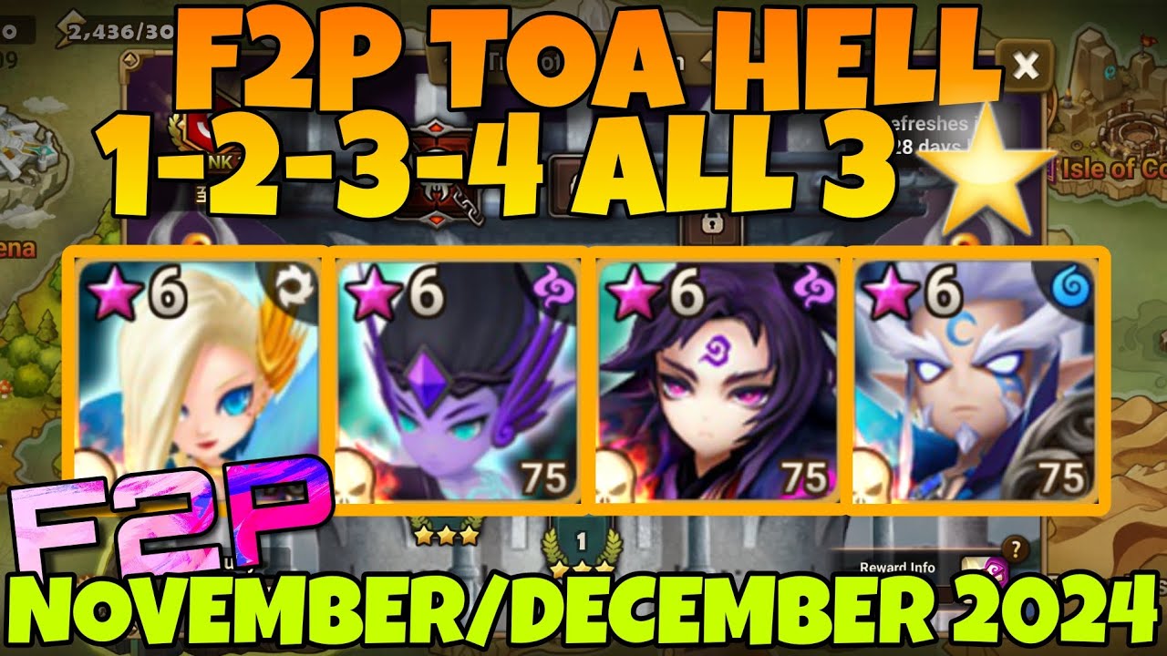 F2P TOA HELL 1 2 3 4 ALL 3⭐ (LAIMA ASCHUBEL MOOKWOL ABELLIO) NOVEMBER DECEMBER 2024 SUMMONERS WAR