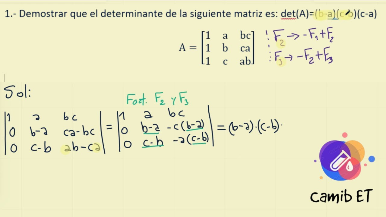 demostrar que el determinante de la matriz es det(A)=(b-a)(c-b)(c-a)