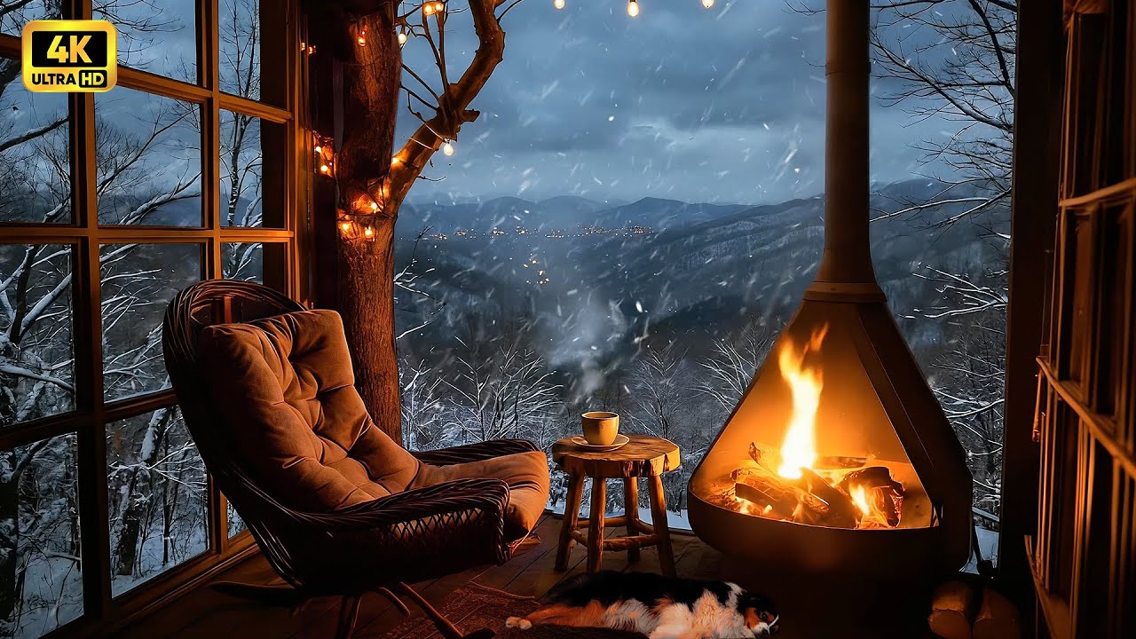 Cozy Fireplace & Snowfall | Warm Winter Cabin Ambience for Deep Sleep | 4 Hours | 4K Ultra HD