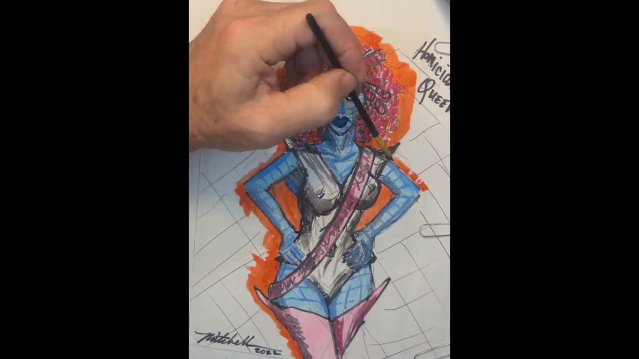 Sex Metal Barbie pen & watercolor painting Brett Mitchell Artist Mitchell Studios 