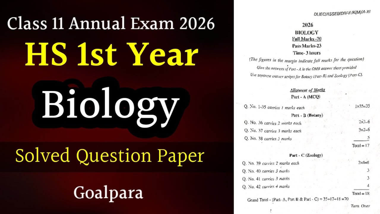 Class 11 Annual Exam 2026 Question Paper | HS 1st Year Biology Annual Exam Question Paper 2026
