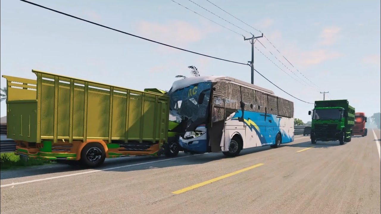 Ilustrasi Bus ngeblong kanan tabrak Avanza dan Truk Canter, game Beamng drive 💻