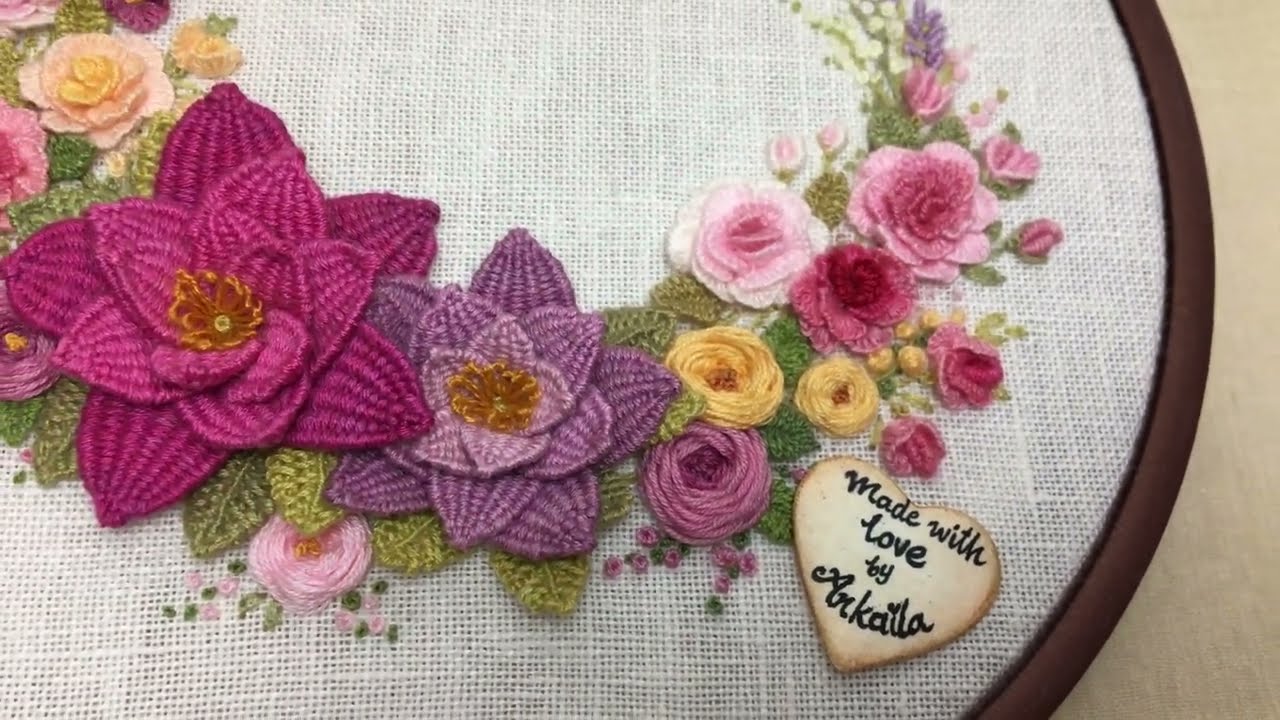 Wreath embroidery with lovely roses, accentuated by the 3D effect of the simple woven picot stitch.