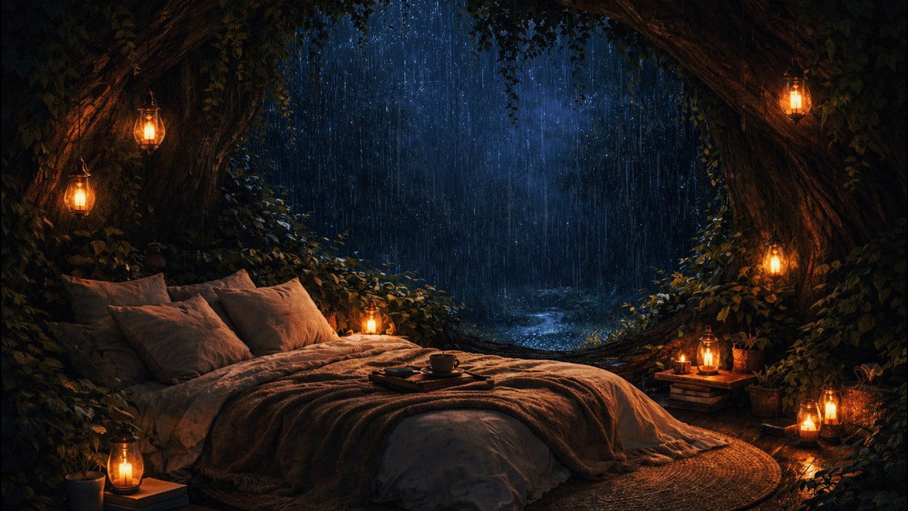 ☔ Rainy Forest Treehouse Bedroom🌙Lofi & Rain Sounds for Deep Sleep and Relaxation