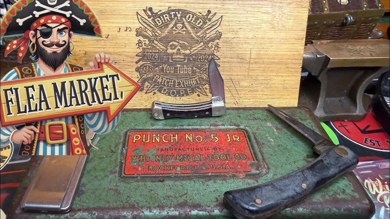 Fleamarket finds Scharade LB-1 worn out Case sodbuster JR imperial money clip and Whitney punch 