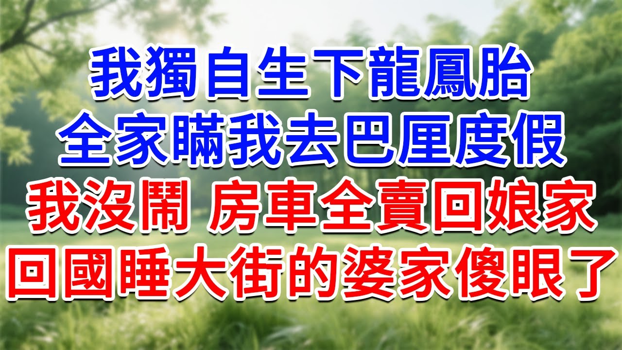 我獨自生下龍鳳胎，全家瞞我去巴厘度假，我沒鬧 房車全賣回娘家，回國睡大街的婆家傻眼了！#為人處世#生活經驗#情感故事#故事#小說#戀愛#情感#婚姻