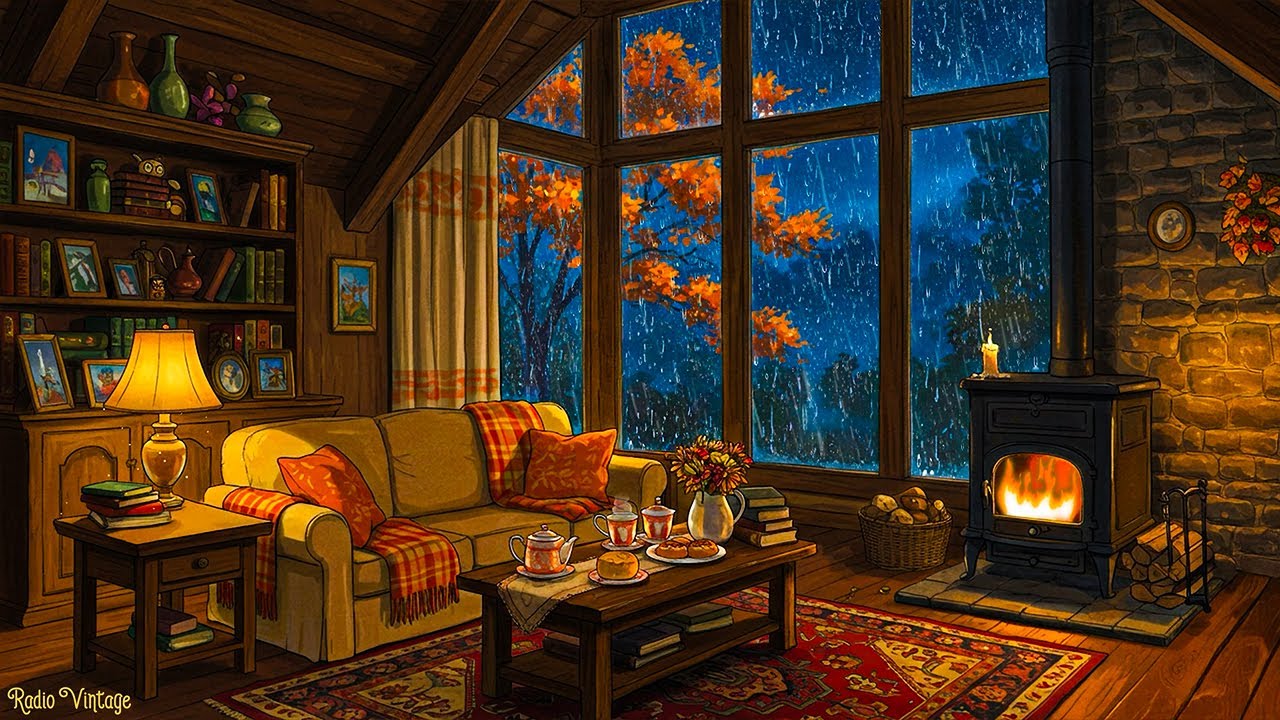 1950s stormy night ambience 🌧️ cozy grandma&rsquo;s cottage with oldies playing in another room for sleep