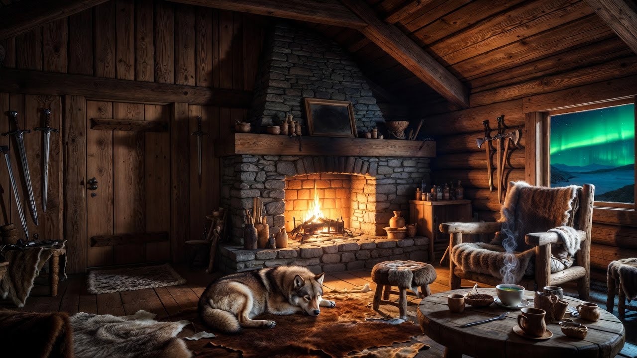 Nordic Winter Home 🔥 Cozy Fireplace & Northern Lights | Calm Nordic Night Ambience
